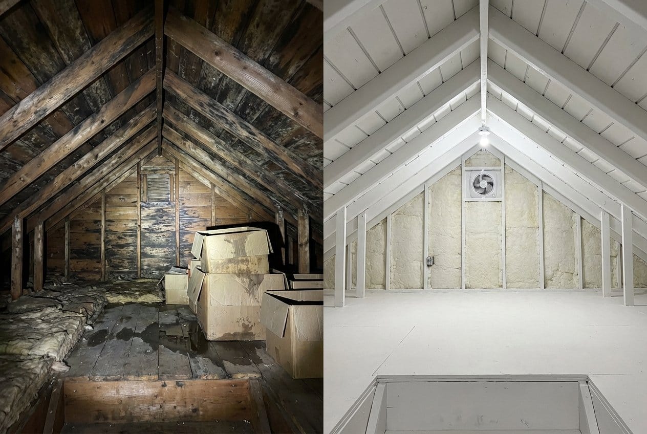 Before and after mold removal & remediation in Cresskill commercial property attic space