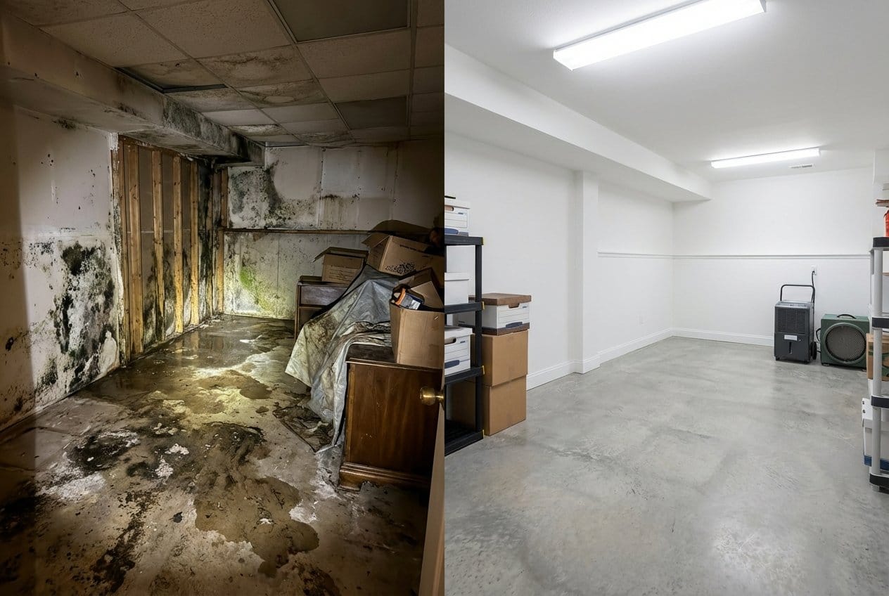 Attic & Crawl Space Mold Removal before and after in finished basement, Cresskill NJ