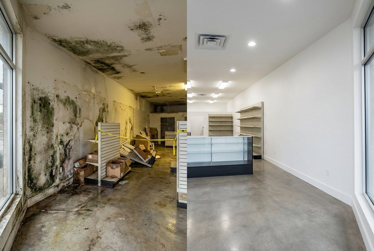 Before and after attic & crawl space mold removal in Cresskill Cape Cod house storefront interior