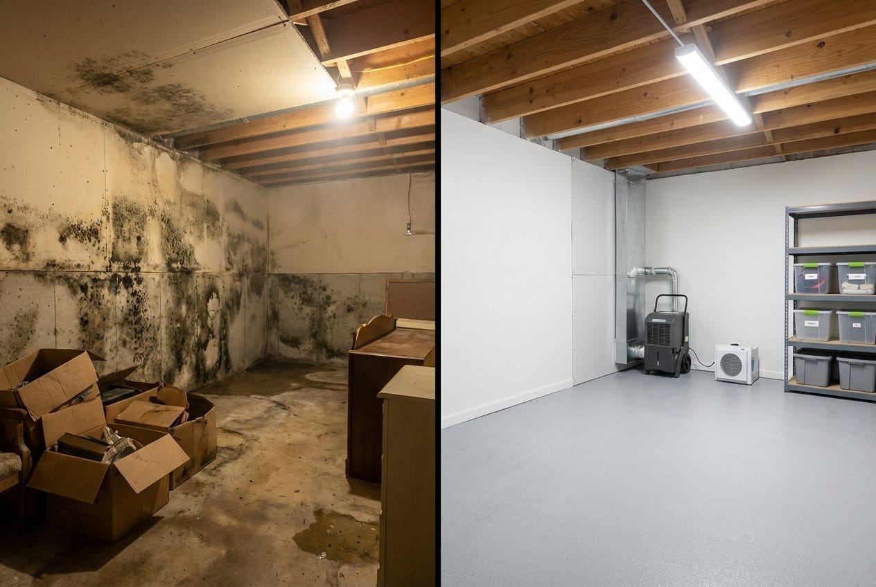 Basement & Foundation Mold Removal before and after in residential basement, Cresskill NJ