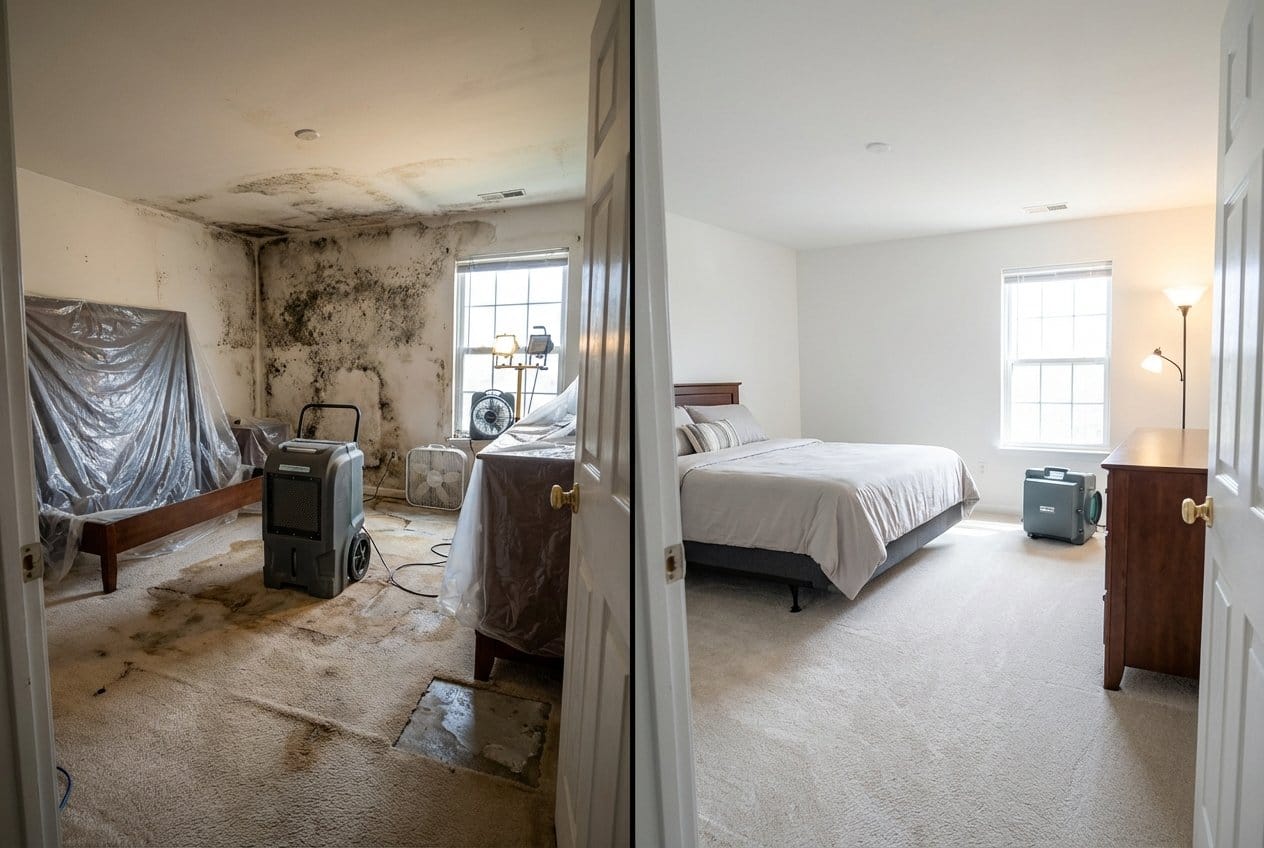 Before and after bathroom & kitchen mold removal in Cresskill bi-level home bedroom