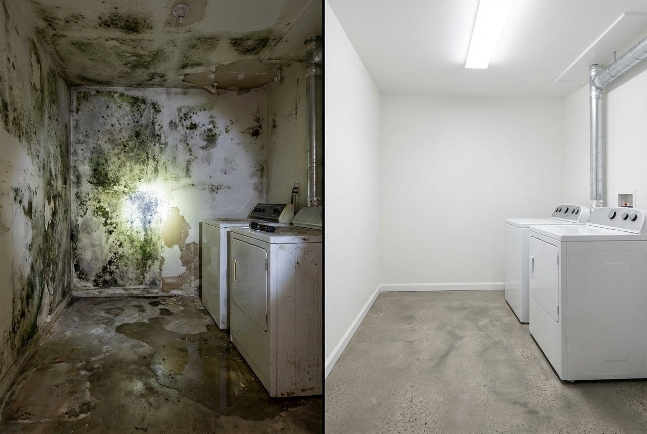 Odor Removal & Disinfection restoration β laundry room of Cape Cod house in Cresskill, NJ