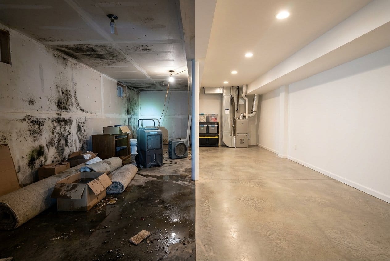 Humidity & Moisture Control Solution before and after in finished basement, Cresskill NJ