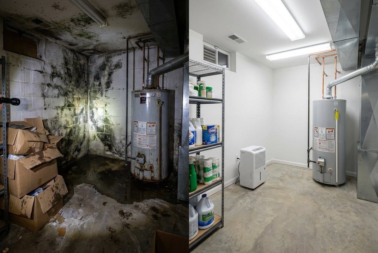 Humidity & Moisture Control Solution restoration — utility room of private residence in Cresskill, NJ