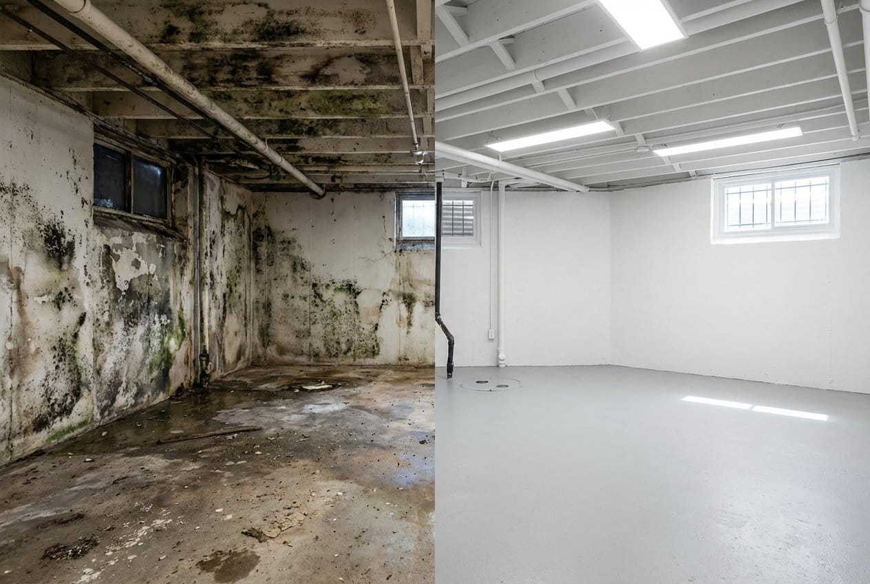 Cresskill Mold Removal residential basement restoration before and after in Cresskill