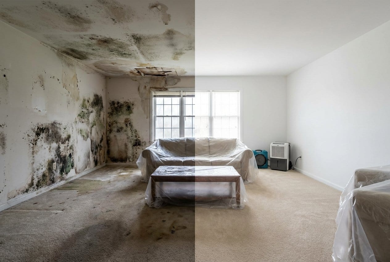 Cresskill Mold Removal living room restoration before and after in Cresskill